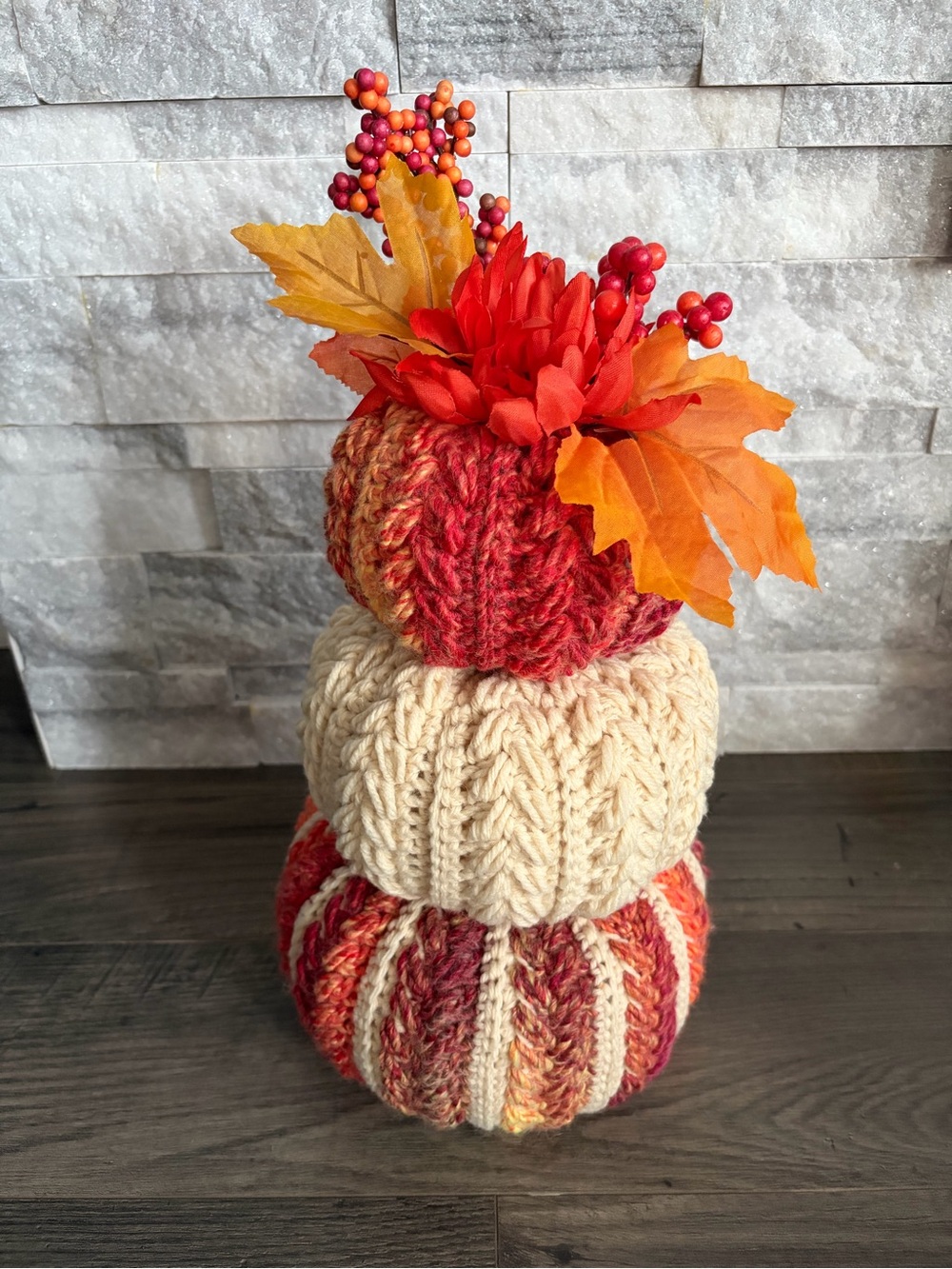 Handmade Fall Knit Pumpkin Stack - Red, Orange, Cream